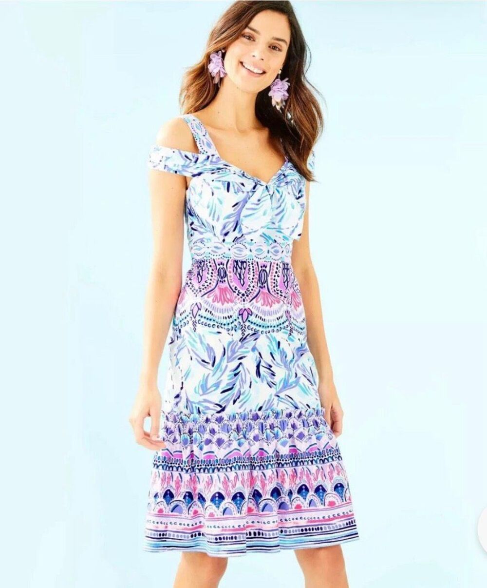 Lilly Pulitzer Iva Midi Cold Shoulder Dress Flock Together Blue Pink size 14 NWT